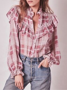 LoveShackFancy Erica Plaid Silk Blouse Western Prairie Boho Ruffle Size P (00)